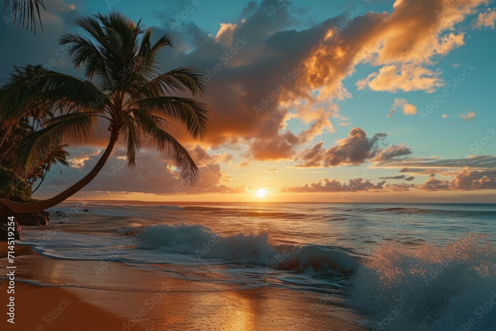 A serene beach sunset scene with palm trees and ocean waves. AI generative