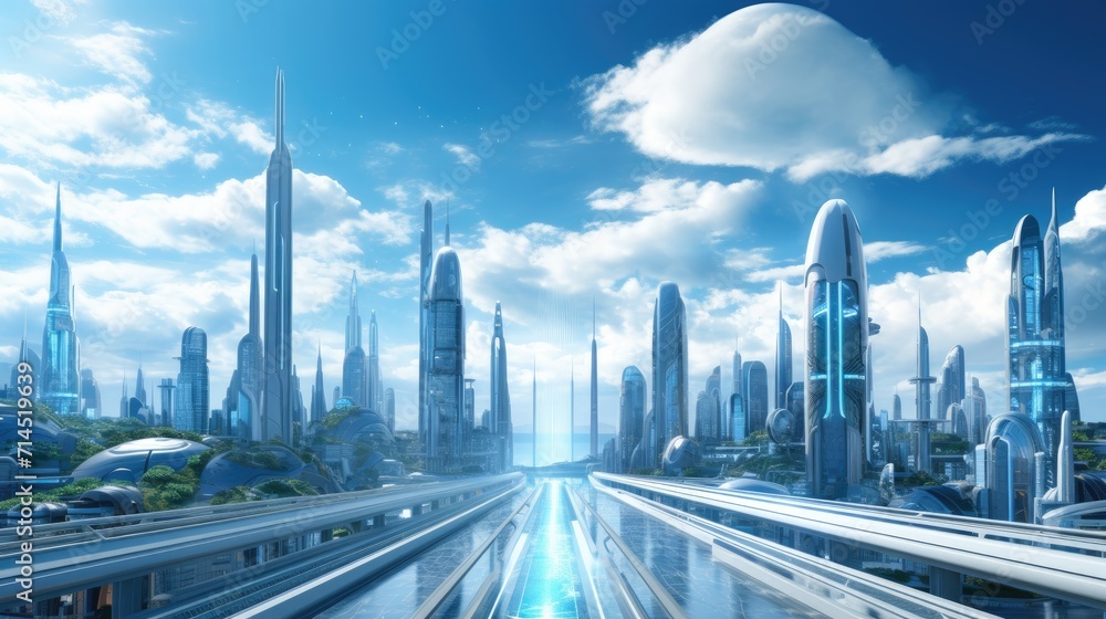 A futuristic cityscape with a view of the skyline and a blue sky