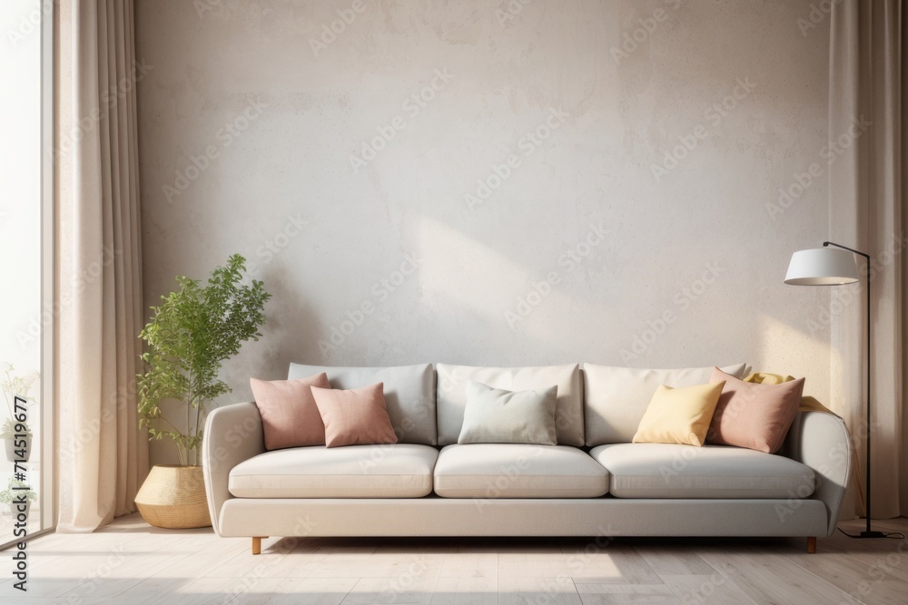 Interior home design of modern living room with beige fabric sofa and ornamental plants on a stucco wall near the window Interior home design of modern living room with beige fabric sofa and ornamental plants on a stucco wall near the window