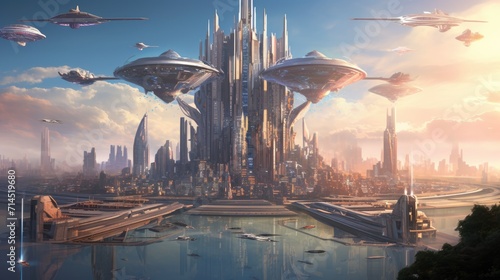A futuristic cityscape with flying cars and towering skyscrapers