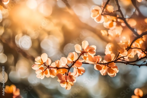 Soft-focus photograph of apricot tree branches bathed in warm sunlight