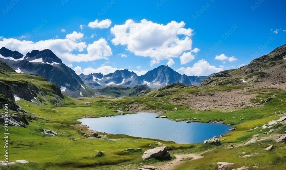 High mountain landscape with small lake, white clouds on blue sky.