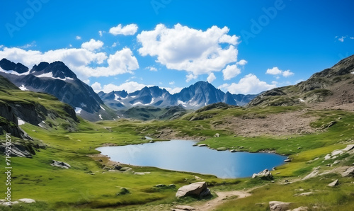 High mountain landscape with small lake  white clouds on blue sky.