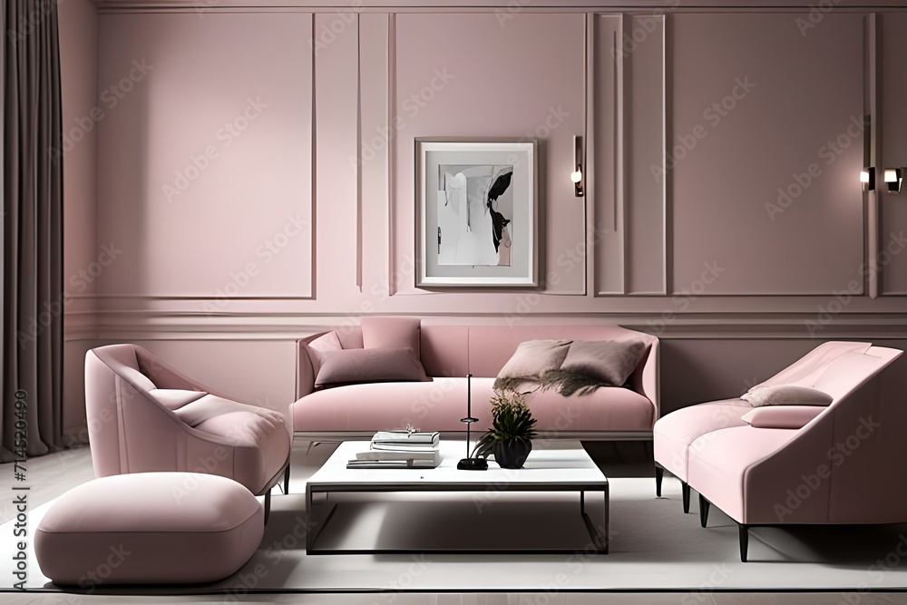 modern minimalism dining room with armchair and poster in pink style