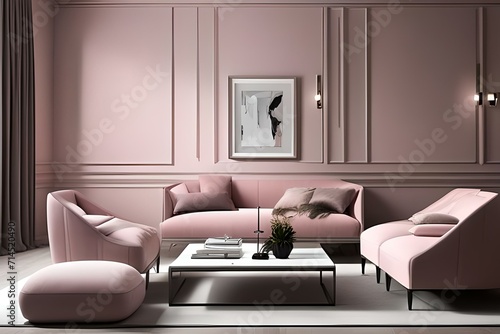 modern minimalism dining room with armchair and poster in pink style