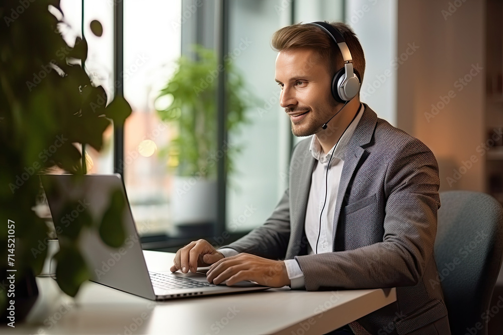 Young man wearing headset conducting a webinar Young man wearing headset conducting a webinar