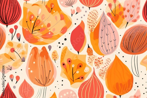 Many Colorful Leaves and Fruits on Colorful Background Vector, in the Style of Whimsical Florals, Simple Shapes, Julio Shimamoto, Whimsical Characters, Bold, Generative AI photo