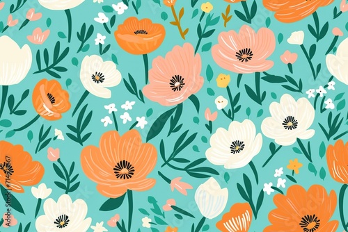 Seamless floral pattern background, bright flowers on a dark blue background for textile, wallpaper, pattern fills, covers, surface, print, gift wrap, scrapbooking, Generative AI