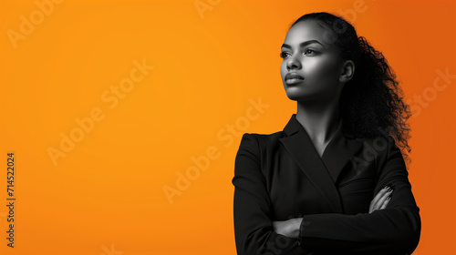 Confident woman in business suit on vibrant orange background, suitable for Black History Month and Women's History Month themes.