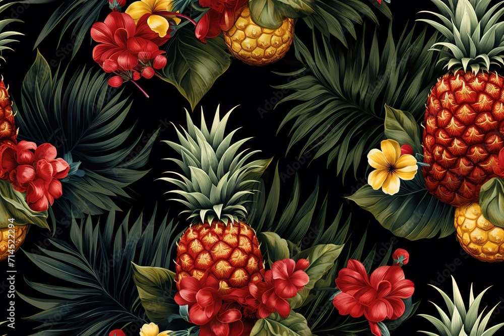 Fototapeta premium Seamless pattern with hand-drawn watercolor pineapples. Generative AI