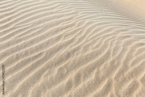 The wavy sandy surface of the dune. Rest and relaxation at a resort by the sea. Close-up. Background. Space for text.