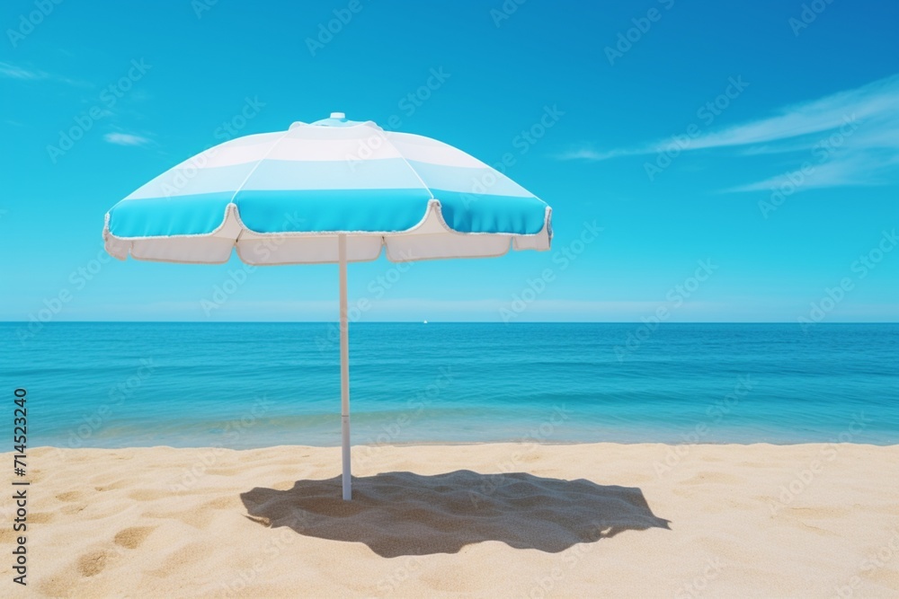 Horizon over water with a striped umbrella on a sandy beach is blue