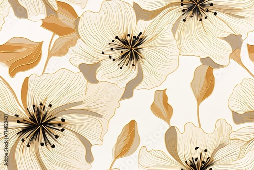 Floral luxury seamless pattern. Gold green blossom shiny flowers vector background. Beautiful repeat ornamental ornate backdrop. Decorative flowers ornament for wallpapers, print, Generative AI