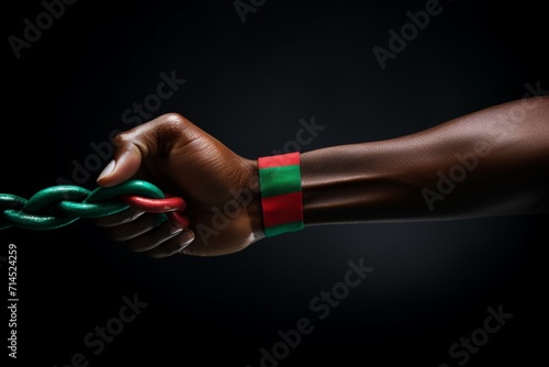 Juneteenth National Independence Day celebration concept featuring hand squeezing a red green chain photo
