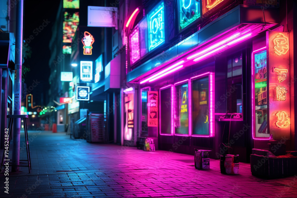 Neon-Lit Street in Urban Nightlife District.