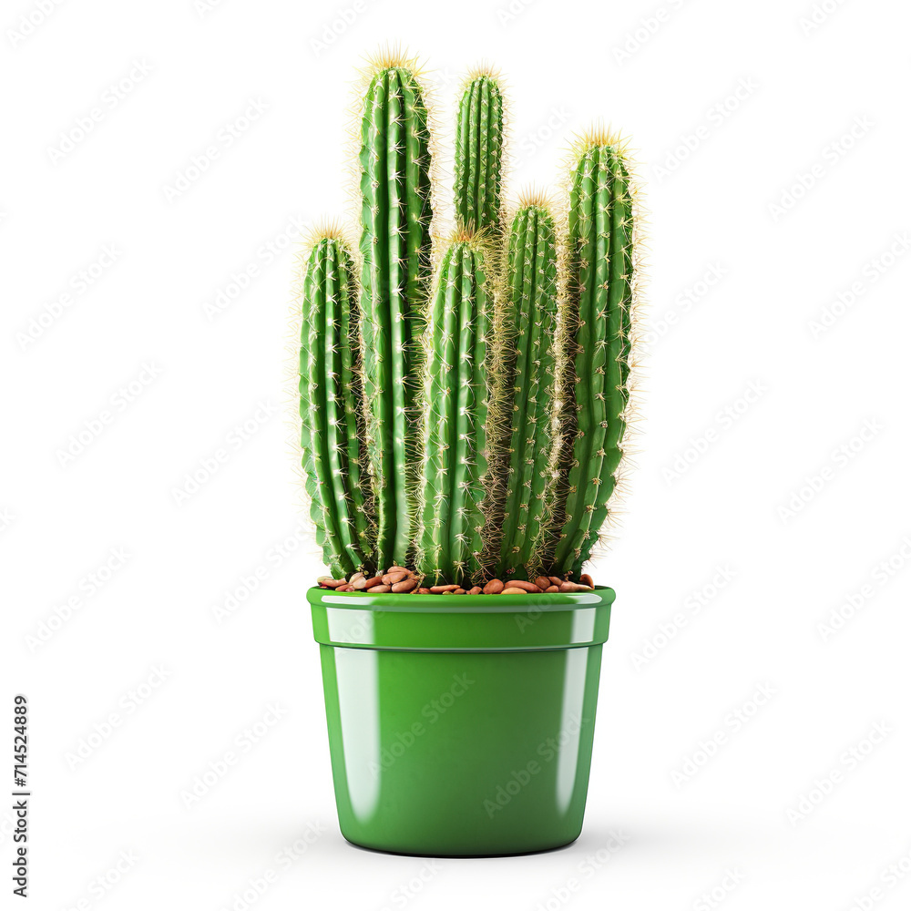 A vibrant green cactus with sharp spines potted in a container against a pure white background. A vibrant green cactus with sharp spines potted in a container against a pure white background.