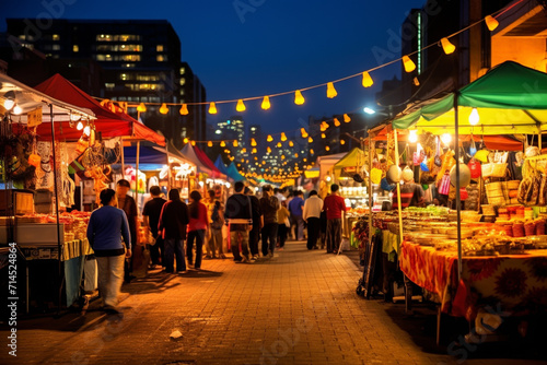 Night market in city with food stalls and crowd.