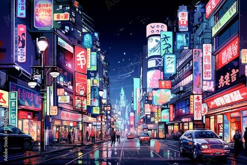 Neon-lit Street in Bustling Asian City at Night.