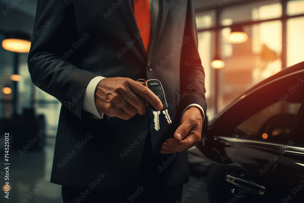 Professional car salesman handing over new car keys in a dealership showroom Professional car salesman handing over new car keys in a dealership showroom