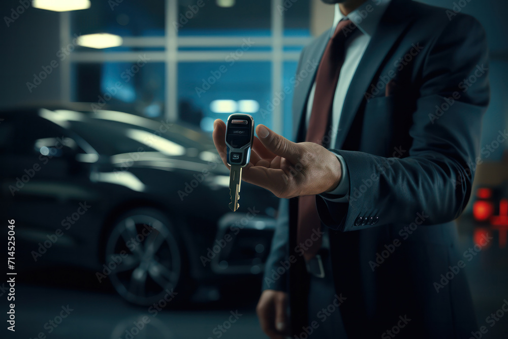 Professional car salesman handing over new car keys in a dealership showroom Professional car salesman handing over new car keys in a dealership showroom