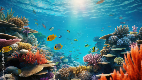 A bustling underwater scene of a coral reef teeming with colorful tropical fish. © pkproject