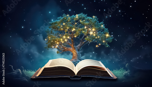 The tree of knowledge shines with lights, growing out of a book