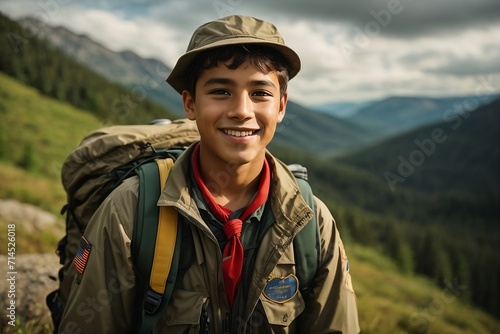 International Boy Scout Day 2024 Concept, A boy scout with a backpack, standing on a rocky hill.