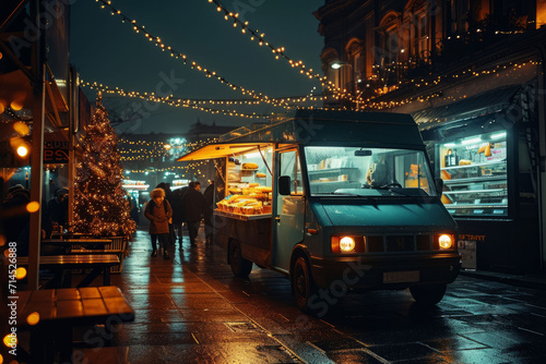Street food van with a warm garlands on a evening city street. Ai generated © tiena
