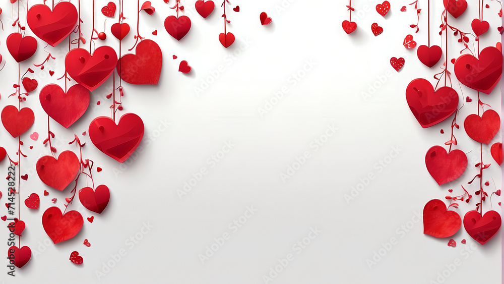 Red colour hearts hanging on the white background Valentine background with hearts, Copy space for your thoughts