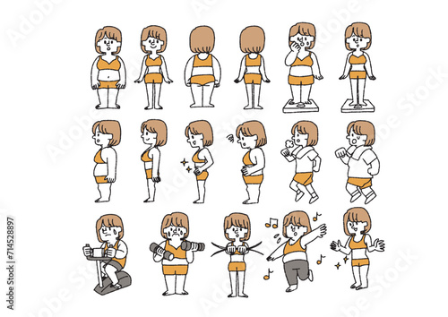 ダイエットを頑張る痩せている女性と太っている女性のイラストセット