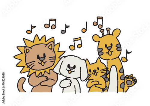 歌っているかわいい動物達のイラスト