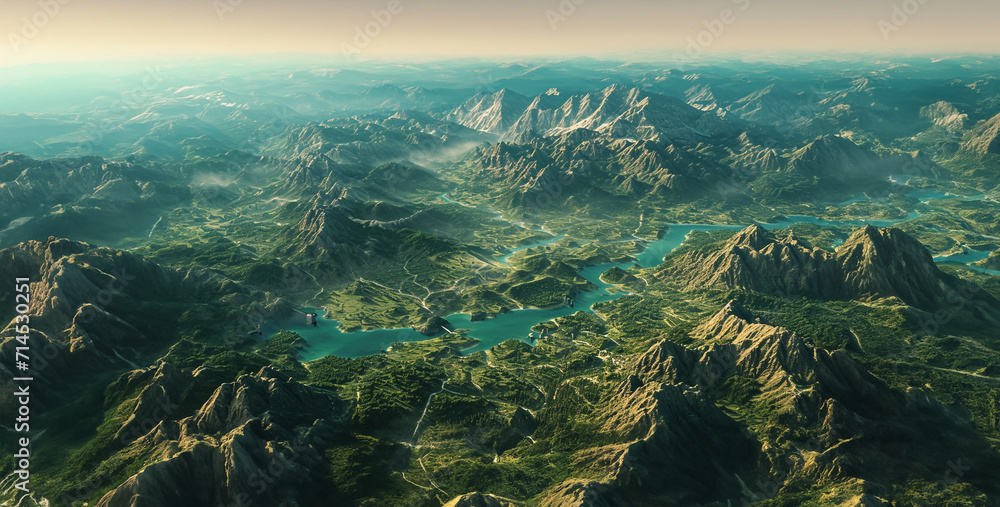 3d rendering of a panoramic view of a mountain landscape, view of the ocean 3d rendering of a panoramic view of a mountain landscape, view of the ocean