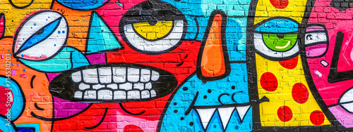 Colorful urban street art featuring cartoonish characters on a brick wall.