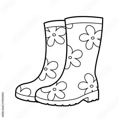 Children's rubber boots. Autumn shoes for rainy weather. Design element or page of children's coloring book. Black and white outline illustration Isolated on white background.