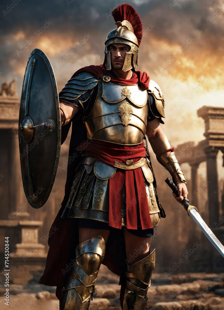 Fototapeta premium Roman male legionary (legionaries) wear helmet with crest, long sword and scutum shield, heavy infantryman, realistic soldier of the army of the Roman Empire, on Rome background. Warrior Gladiator