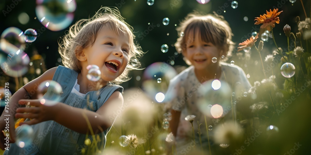 Joyful children playing with soap bubbles in sunlit garden. carefree summer days captured in vibrant image. AI Joyful children playing with soap bubbles in sunlit garden. carefree summer days captured in vibrant image. AI