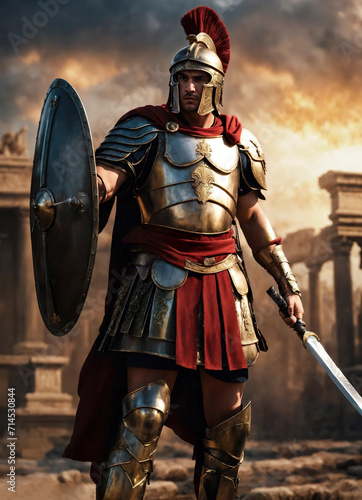 Roman male legionary (legionaries) wear helmet with crest, long sword and scutum shield, heavy infantryman, realistic soldier of the army of the Roman Empire, on Rome background. Warrior Gladiator