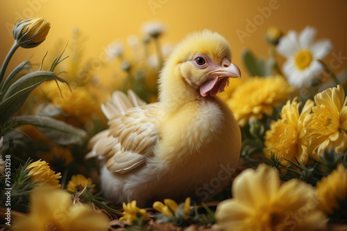 Baby chick in yellow with white color and beautiful flowers in the background for calendar in landscape format for banner