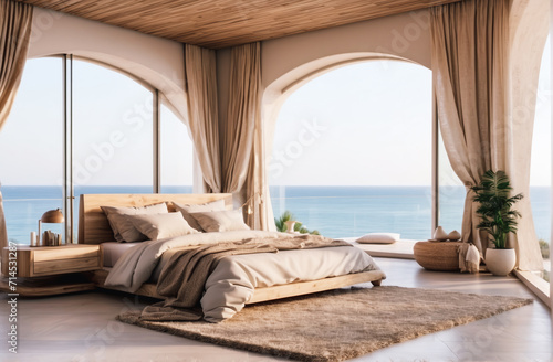Bed with beige bedding against big panoramic window with sea view. Boho interior design of modern bedroom