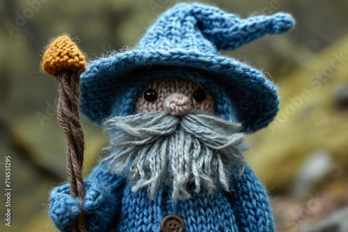 A depiction of a knitted wizard, complete with a pointy hat and a small, magical wand.