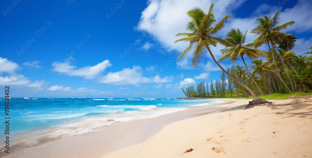 Beautiful seascape with palm trees and blue sky. 3d render, beach with palm trees Beautiful seascape with palm trees and blue sky. 3d render, beach with palm trees