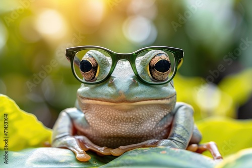 The frog is wearing a pair of round glasses with black frames  Ai Generated