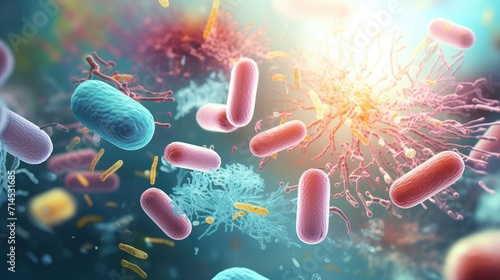 Probiotics Bacteria in Biological Science: Microscopic Medicine for Digestion, Stomach Health, Escherichia Coli Treatment, AI Generated photo