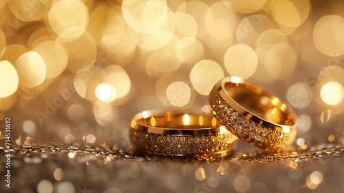Golden wedding ring sparkles against a dreamy bokeh backdrop, Ai Generated.