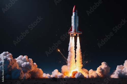 Digital Blastoff Isolated Toy Rocket Soars in 3D on a Virtual Canvas. flight to the moon in space