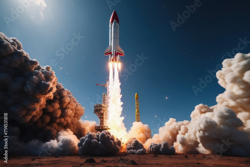 Digital Blastoff Isolated Toy Rocket Soars in 3D on a Virtual Canvas. flight to the moon in space