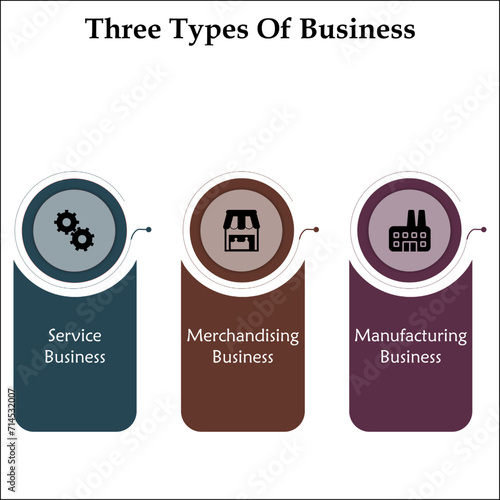 Three types of business - Service, Merchandising, Manufacturing Business. Infographic template with icons