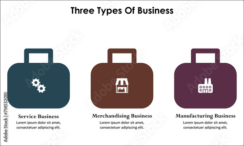 Three types of business - Service, Merchandising, Manufacturing Business. Infographic template with icons