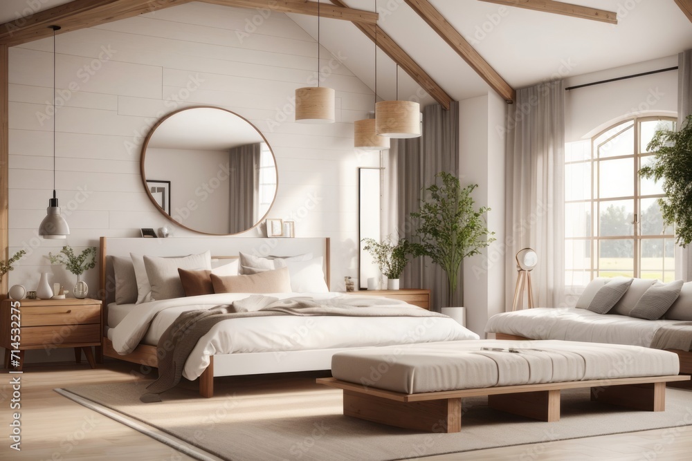 Farmhouse Interior home design of modern bedroom with wooden bed and white mattress with large and luxurious window