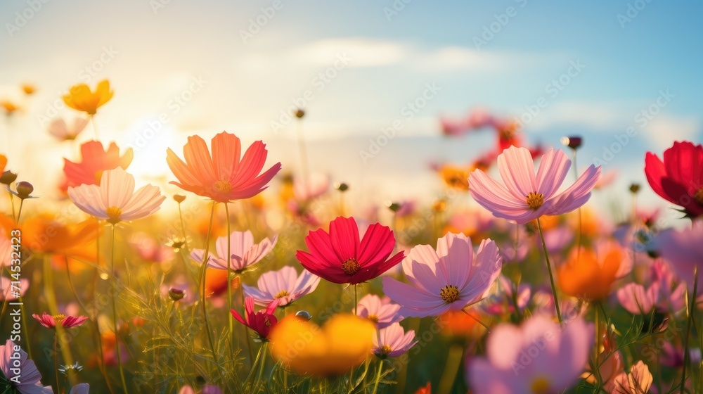 Flourishing field of yellow, pink, and orange cosmos flowers basking in the sunlight, Ai Generated Flourishing field of yellow, pink, and orange cosmos flowers basking in the sunlight, Ai Generated